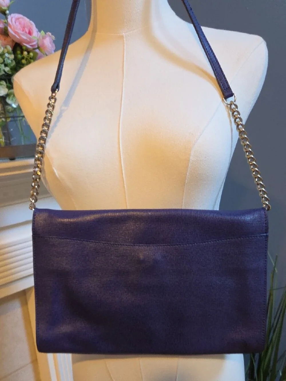 Furla Deep Blue Leather Chain-Trim Removeable Shoulder Bag